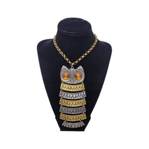 Vintage Owl Pendant Necklace Two-Toned Articulated Large & Chunky